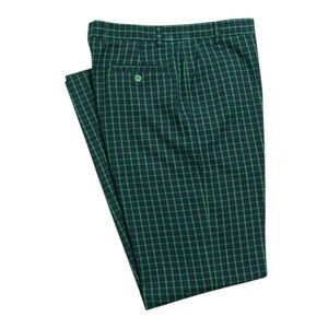 Mens 34 Plaid Wool Dress Pants Green Blue Check Flat Front Straight Trousers